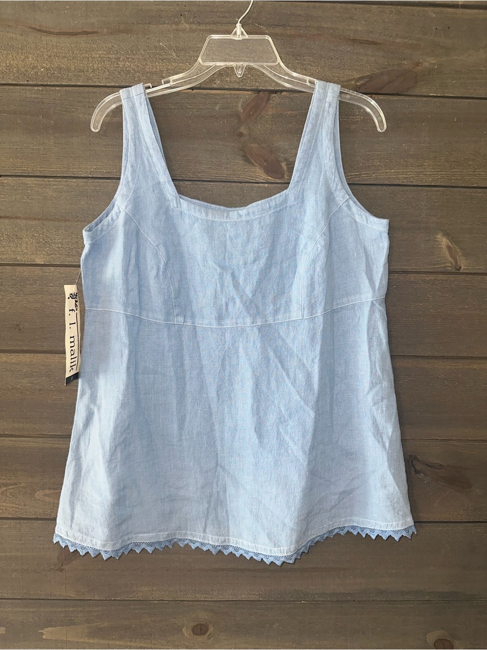 🆕 Light Blue Sleeveless Linen Top with Crochet Hem